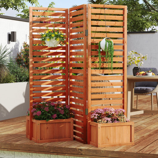 3-Panel Solid Wood Frame Freestanding Garden Fence with 2 Self-Draining Planter Boxes-Yellow W2B