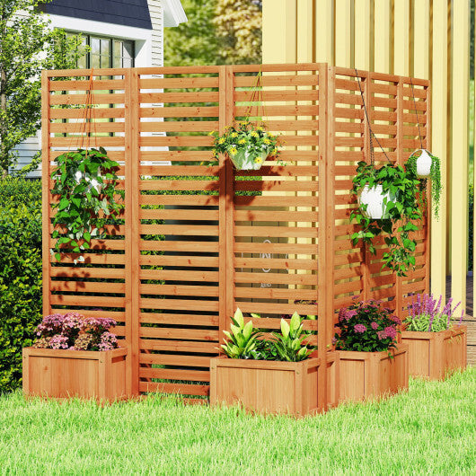 3-Panel Solid Wood Frame Freestanding Garden Fence with 2 Self-Draining Planter Boxes-Yellow W2B