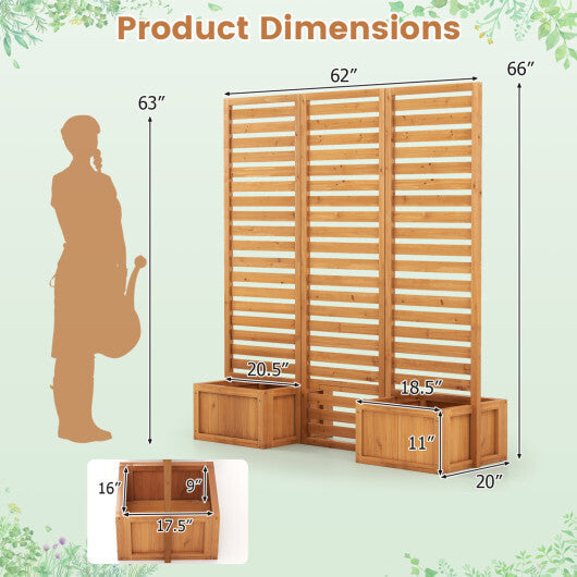3-Panel Solid Wood Frame Freestanding Garden Fence with 2 Self-Draining Planter Boxes-Yellow W2B