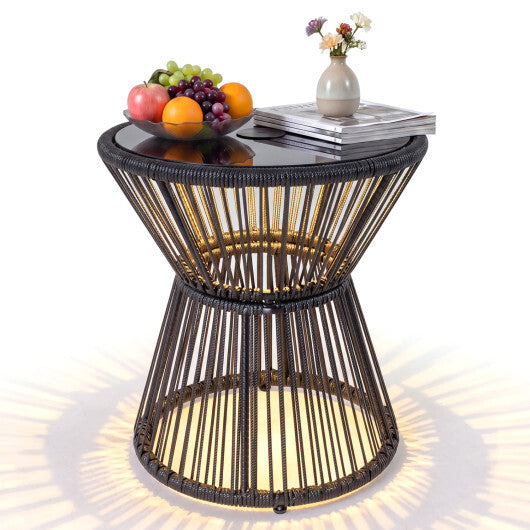 Outdoor Side Table with LED Warm Light and Tempered Glass Top-Black W2B