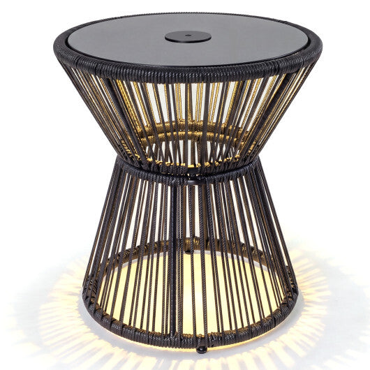 Outdoor Side Table with LED Warm Light and Tempered Glass Top-Black W2B