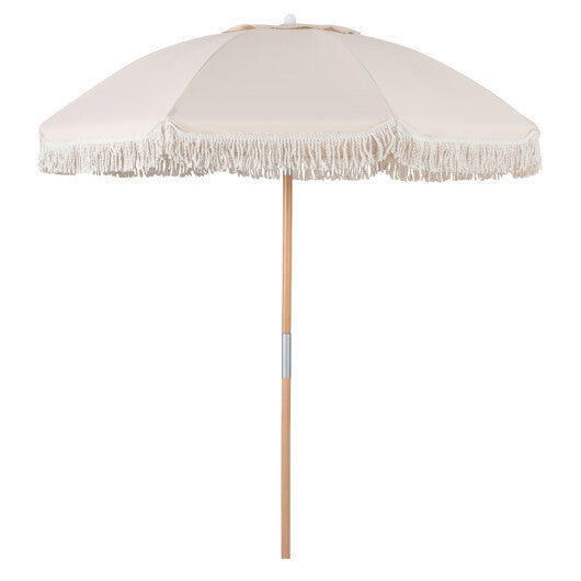 6 Feet Patio Umbrella with Fringe with Push Button Tilt and Wood Pole-White W2B