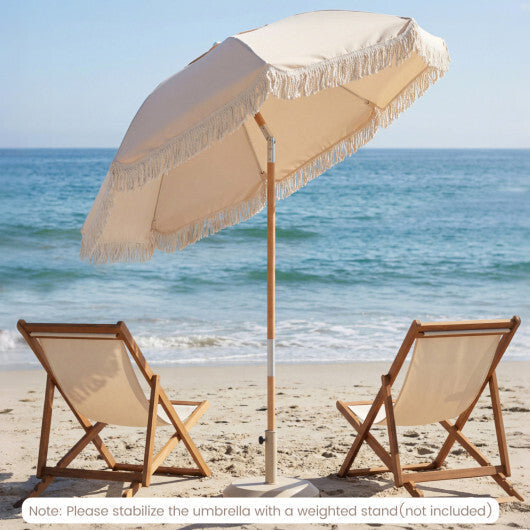 6 Feet Patio Umbrella with Fringe with Push Button Tilt and Wood Pole-White W2B