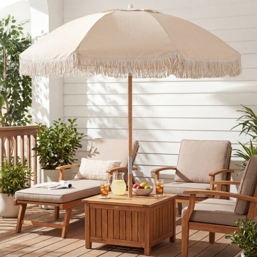 6 Feet Patio Umbrella with Fringe with Push Button Tilt and Wood Pole-White W2B