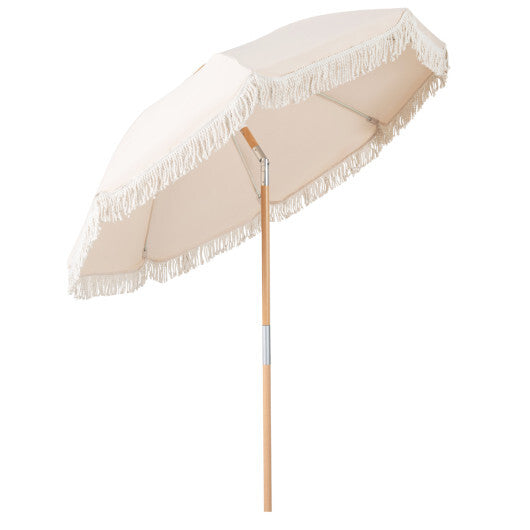 6 Feet Patio Umbrella with Fringe with Push Button Tilt and Wood Pole-White W2B