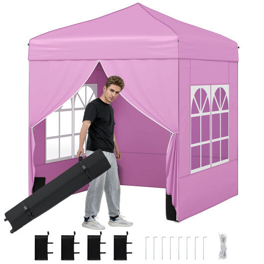 6.5 x 6.5 FT Pop up Canopy Tent with 4 Sidewalls and Wheeled Bag-Pink W2B