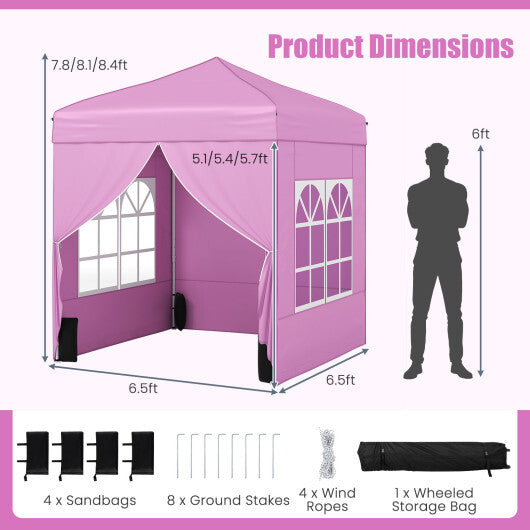 6.5 x 6.5 FT Pop up Canopy Tent with 4 Sidewalls and Wheeled Bag-Pink W2B