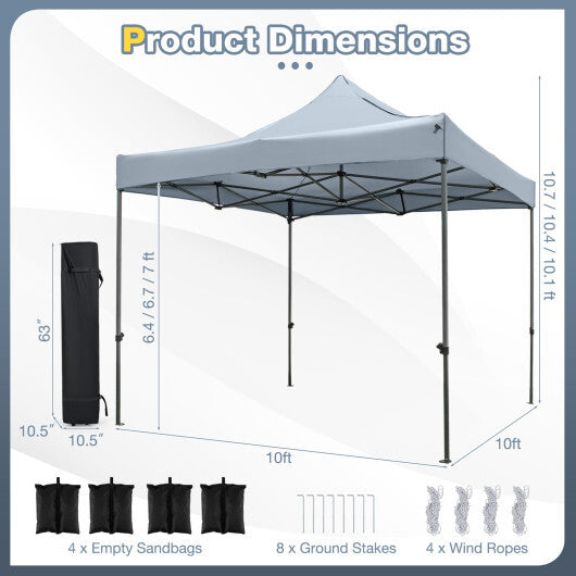 10 x 10 FT Outdoor Pop up Canopy Tent Easy Setup Gazebo Shelter with Wheeled Bag-Gray