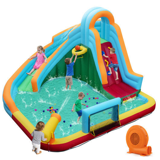 6-in-1 Inflatable Water Slide Park with 750W Blower for Yard W2B