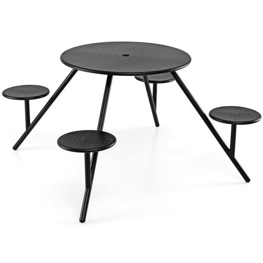 Heavy Duty Round Picnic Table for 4 with Iron Seats & Umbrella Hole-Black W2B