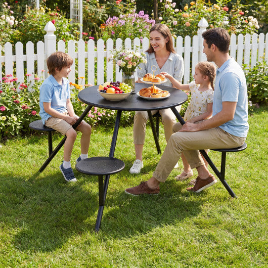 Heavy Duty Round Picnic Table for 4 with Iron Seats & Umbrella Hole-Black W2B