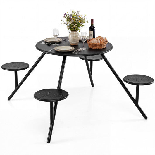 Heavy Duty Round Picnic Table for 4 with Iron Seats & Umbrella Hole-Black W2B