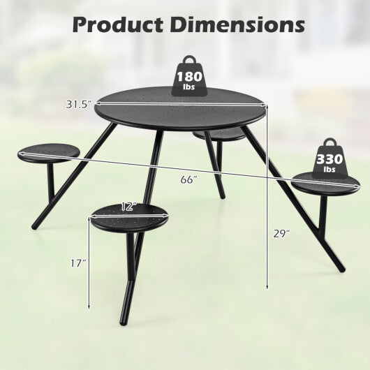 Heavy Duty Round Picnic Table for 4 with Iron Seats & Umbrella Hole-Black W2B