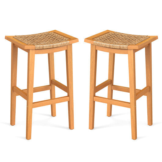 Outdoor Acacia Wood Bar Stools Set of 2 with PE Rattan Seats and Backrests