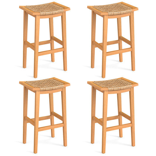Outdoor Acacia Wood Bar Stools Set of 2 with PE Rattan Seats and Backrests