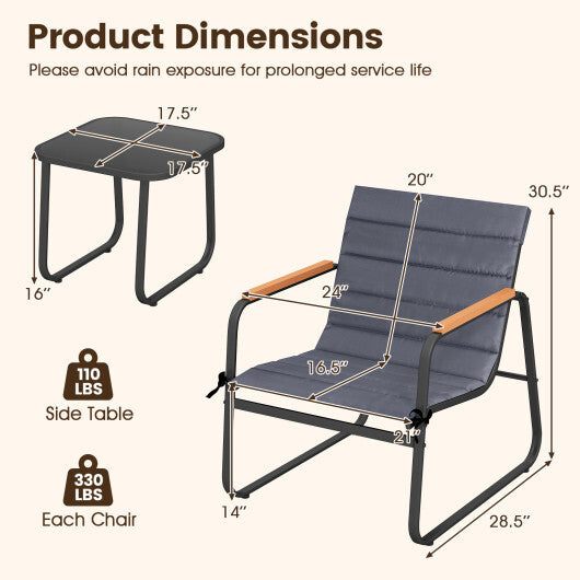 3 Pieces Patio Bistro Set Outdoor Fabric Conversation Set-Gray W2B