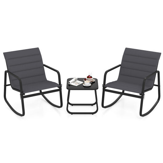 3 Piece Outdoor Rocking Bistro Set Porch Rocker Chairs with Tempered Glass Table-Gray W2B