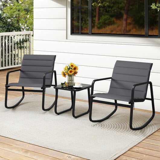3 Piece Outdoor Rocking Bistro Set Porch Rocker Chairs with Tempered Glass Table-Gray W2B