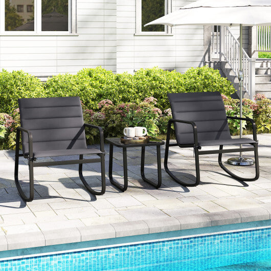 3 Piece Outdoor Rocking Bistro Set Porch Rocker Chairs with Tempered Glass Table-Gray W2B