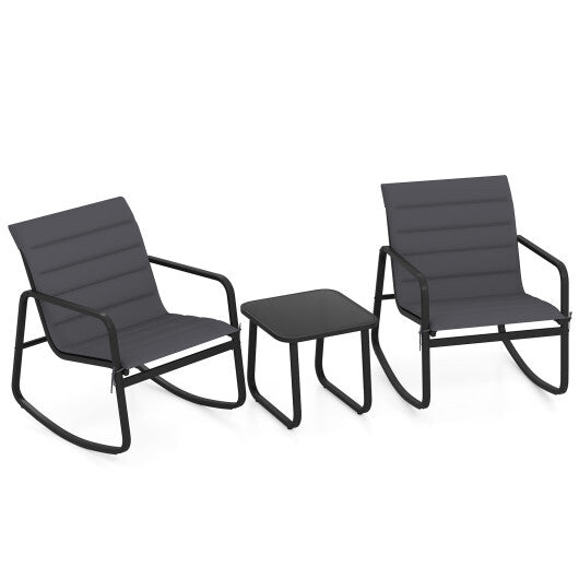 3 Piece Outdoor Rocking Bistro Set Porch Rocker Chairs with Tempered Glass Table-Gray W2B