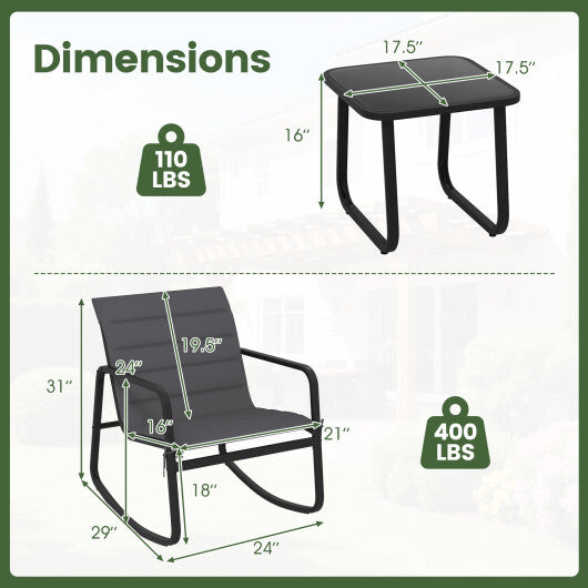 3 Piece Outdoor Rocking Bistro Set Porch Rocker Chairs with Tempered Glass Table-Gray W2B