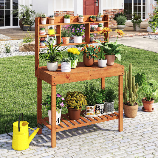 Wooden Potting Bench Table  61" Garden Planting Workstation with 3-Tier Open Shelf-Brown