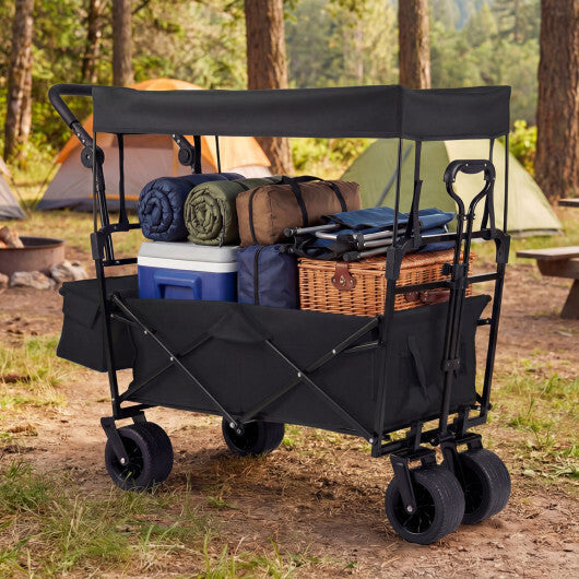 Collapsible Wagon with Removable Canopy and Adjustable Handles-Black W2B