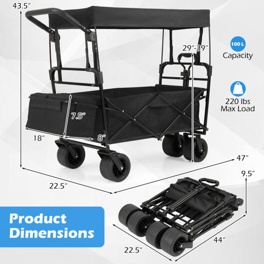 Collapsible Wagon with Removable Canopy and Adjustable Handles-Black W2B