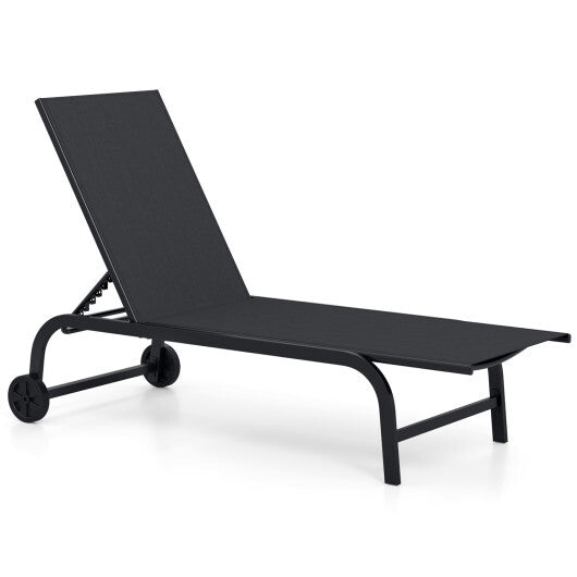 Outdoor Chaise Lounge Chair with Wheels and Metal Frame-Black W2B
