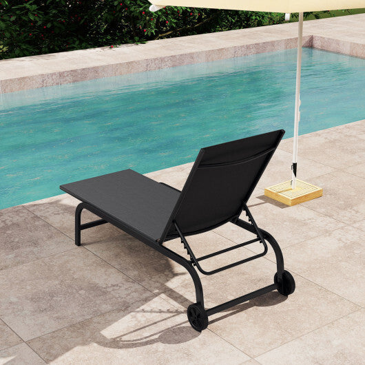 Outdoor Chaise Lounge Chair with Wheels and Metal Frame-Black W2B