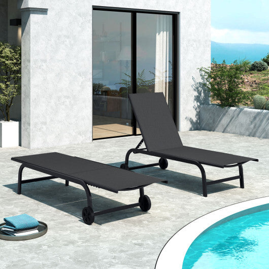 Outdoor Chaise Lounge Chair with Wheels and Metal Frame-Black W2B
