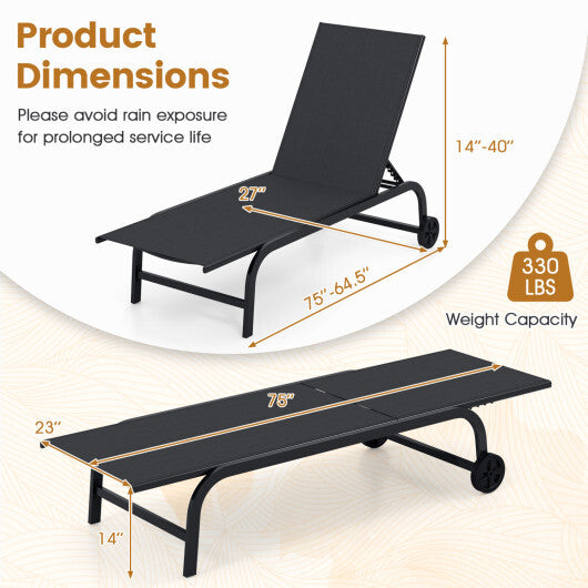 Outdoor Chaise Lounge Chair with Wheels and Metal Frame-Black W2B