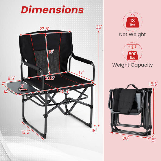 Folding Camping Chair with Side Table and Cup Holder with Carrying Bag-Black W2B