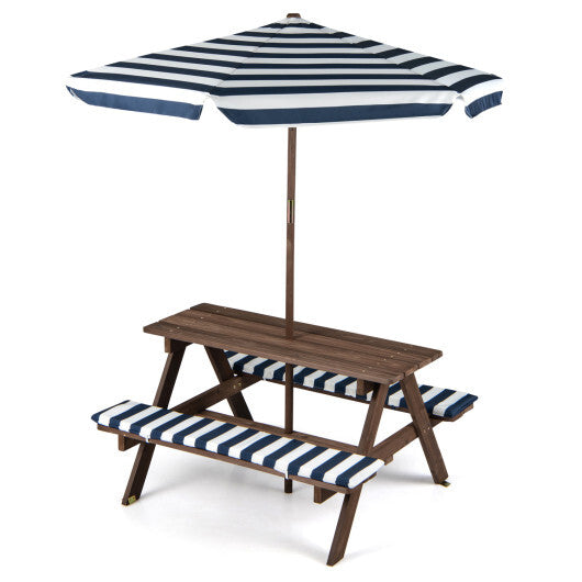 Fir Wood Kids Picnic Table with 2 Built-in Benches and Umbrella-Navy W2B