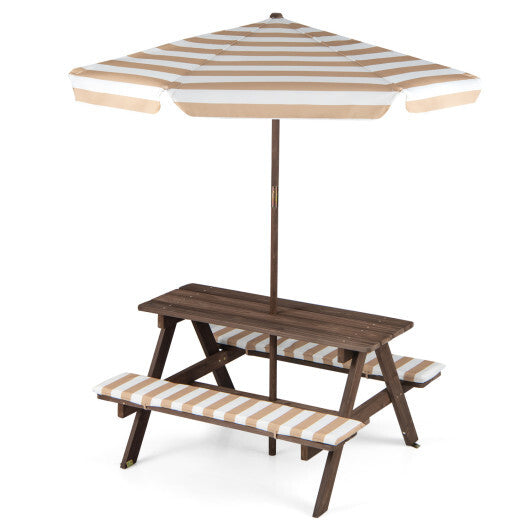 Fir Wood Kids Picnic Table with 2 Built-in Benches and Umbrella-Navy W2B