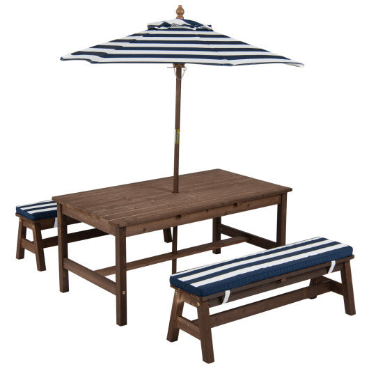 Outdoor Wooden Kids Picnic Table with Removable Umbrella and Cushions-Blue W2B