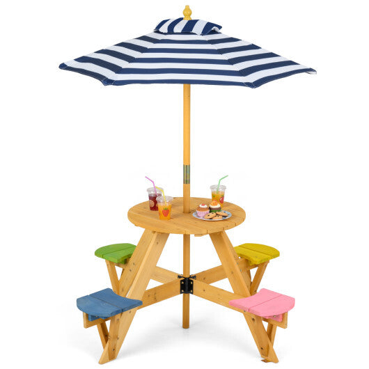 Kids Picnic Table with Stools and Foldable Adjustable Umbrella for Backyard and Patio-Blue W2B