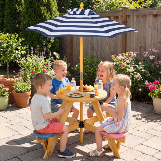 Kids Picnic Table with Stools and Foldable Adjustable Umbrella for Backyard and Patio-Blue W2B