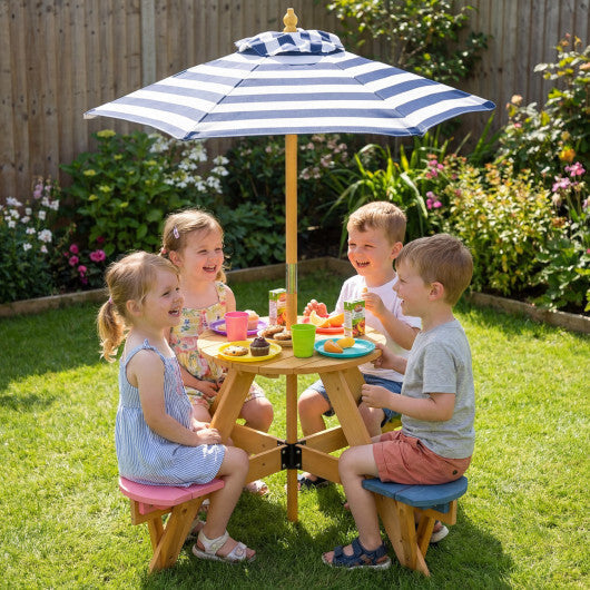 Kids Picnic Table with Stools and Foldable Adjustable Umbrella for Backyard and Patio-Blue W2B