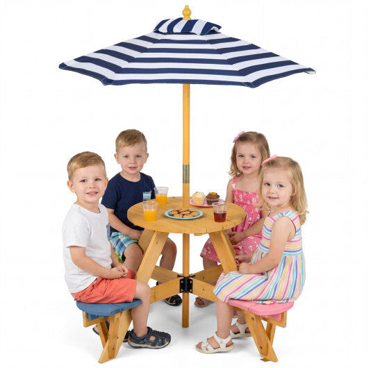 Kids Picnic Table with Stools and Foldable Adjustable Umbrella for Backyard and Patio-Blue W2B