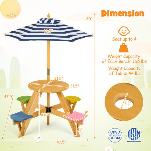 Kids Picnic Table with Stools and Foldable Adjustable Umbrella for Backyard and Patio-Blue W2B