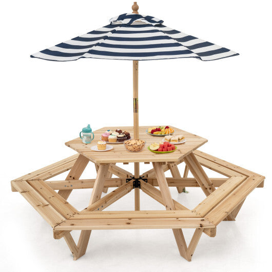 Kids Hexagonal Picnic Table with Adjustable Umbrella and Chairs-Natural W2B