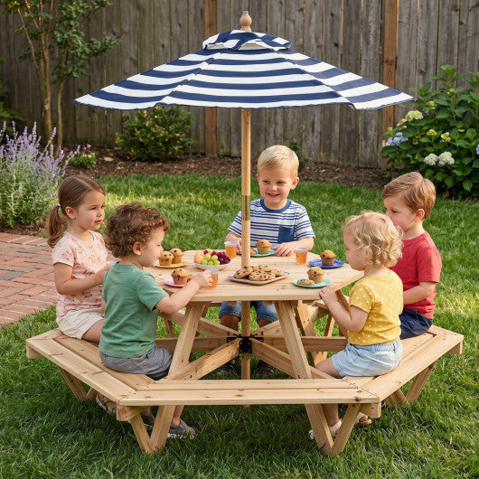 Kids Hexagonal Picnic Table with Adjustable Umbrella and Chairs-Natural W2B