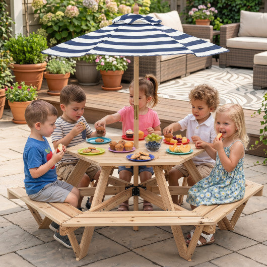 Kids Hexagonal Picnic Table with Adjustable Umbrella and Chairs-Natural W2B