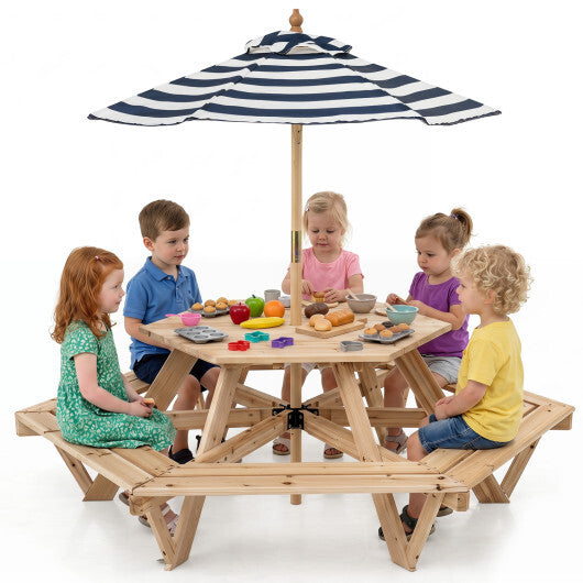 Kids Hexagonal Picnic Table with Adjustable Umbrella and Chairs-Natural W2B
