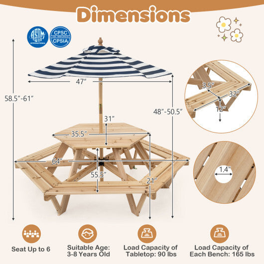 Kids Hexagonal Picnic Table with Adjustable Umbrella and Chairs-Natural W2B