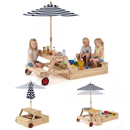 2-in-1 Wooden Sandbox with Foldable Umbrella and Convertible Picnic Table-Blue W2B