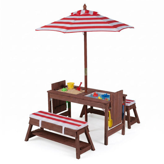 Outdoor Kids Wooden Picnic Table and Benches Set with Umbrella-Red W2B