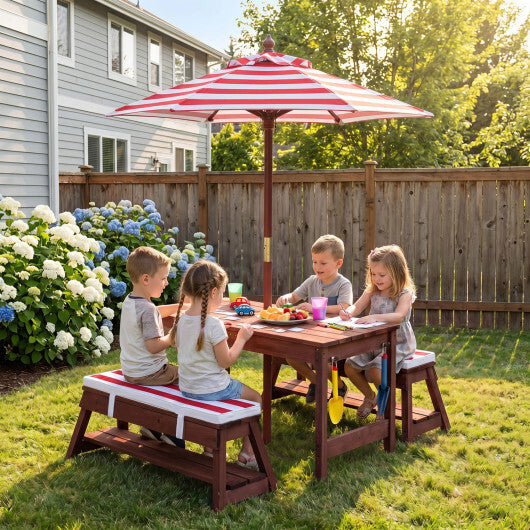 Outdoor Kids Wooden Picnic Table and Benches Set with Umbrella-Red W2B