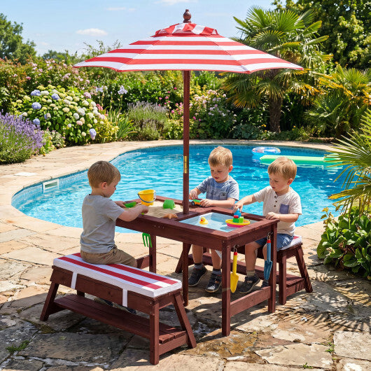 Outdoor Kids Wooden Picnic Table and Benches Set with Umbrella-Red W2B